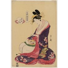 Hosoda Eishi: Utamaki of the Takeya, kamuro Futaba and Midori, from the series New Year Fashions as Fresh as Young Leaves (Wakana hatsu ishô) - Museum of Fine Arts
