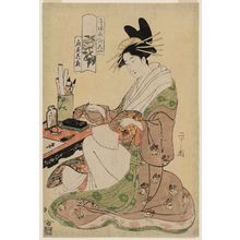 Hosoda Eishi: Hanaôgi of the Ôgiya, from the series Beauties of the Yoshiwara as Six Floral Immortals (Seirô bijin Rokkasen) - Museum of Fine Arts