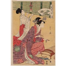細田栄之: Night Rain of Matsukaze (Matsukaze yau), from the series Eight VIews of Genji in the Floating World (Ukiyo Genji hakkei) - ボストン美術館