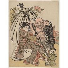 Katsukawa Shunsho: Hotei with a Woman in his Bag - Museum of Fine Arts