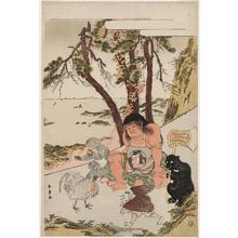 Katsukawa Shunsho: Kintaro with Bear and Monkey Watching a Rooster and Tengu Fight - Museum of Fine Arts