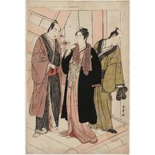 Katsukawa Shunsho: Actors Ichikawa Monnosuke II, Iwai Hanshirô IV, and Iwai Karumo (?) on a Staircase Landing, from an untitled series of actors backstage - Museum of Fine Arts