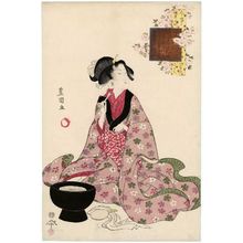 歌川豊国: Komachi Washing the Manuscript (Sôshi arai Komachi), from the series Modern Girls as the Seven Komachi (Imayô musume Nana Komachi) - ボストン美術館