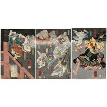 Utagawa Kuniyoshi: Ushiwakamaru, with the Help of the Tengu, Fights Benkei on Gojô Bridge - Museum of Fine Arts