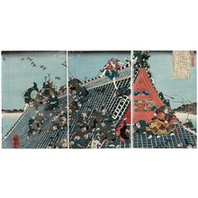 Utagawa Kuniyoshi: The Fight on the Roof of the Hôryûkaku, from The Tale of Eight Dogs (Hakkenden no uchi Hôryûkaku) - Museum of Fine Arts