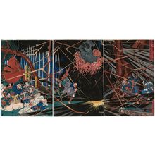 Utagawa Kuniyoshi: During the Visit of Kiyomori to the Nunobiki Waterfall, the Ghost of Akugenda Yoshihira Strikes Down Nanba Jirô (Kiyomori nyûdô Nunobiki no taki yûran Akugenda Yoshihira no rei Nanba Jirô o utsu) - Museum of Fine Arts