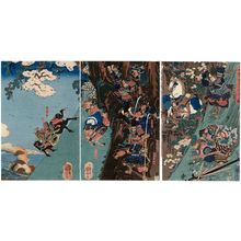 Utagawa Kuniyoshi: Yoshitsune's Troops Descending the Cliff at Ichinotani (Yoshitsune no gunpyô Ichinotani sakaotoshi no zu) - Museum of Fine Arts