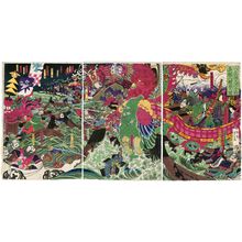 Tsukioka Yoshitoshi: Yoshitsune Jumps Across Eight Boats at the Battle of Dan-no-ura, Yashima (Yashima Dan-no-ura kassen Yoshitsune hassô-tobi no zu) - Museum of Fine Arts