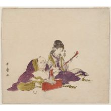 Kitagawa Utamaro: Benten Playing the Shamisen While a Man Tries in Vain to Read a Book, from an untitled series of the Seven Gods of Good Fortune (Shichifukujin) - Museum of Fine Arts