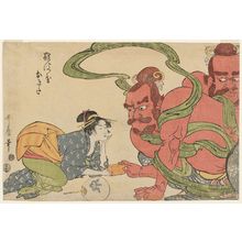 Kitagawa Utamaro: Naniwaya Okita and a Temple Guardian Statue in a Tug of War with a Pillow (Naniwaya Okita) - Museum of Fine Arts