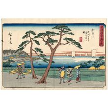 Utagawa Hiroshige: Kanagawa: View of the Bluff from Asamashita (Kanagawa Asamashita yori dai o miru zu), from the series The Fifty-three Stations of the Tôkaidô Road (Tôkaidô gojûsan tsugi no uchi), also known as the Gyôsho Tôkaidô - Museum of Fine Arts