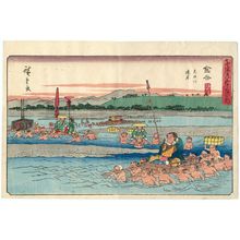 Utagawa Hiroshige: Kanaya: The Tôtômi Side of the Ôi River (Kanaya, Ôigawa Engan), from the series The Fifty-three Stations of the Tôkaidô Road (Tôkaidô gojûsan tsugi no uchi), also known as the Gyôsho Tôkaidô - Museum of Fine Arts