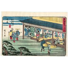 Utagawa Hiroshige: Narumi: Shop Selling Famous Arimatsu Tie-dyed Fabric (Narumi, meibutsu Arimatsu shibori mise), from the series The Fifty-three Stations of the Tôkaidô Road (Tôkaidô gojûsan tsugi no uchi), also known as the Gyôsho Tôkaidô - Museum of Fine Arts