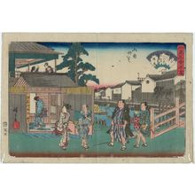 Utagawa Hiroshige: Yanagibashi Bridge in Ryôgoku: the Umegawa Restaurant (Ryôgoku Yanagibashi, Umegawa), from the series Famous Restaurants of Edo (Edo kômei kaitei zukushi) - Museum of Fine Arts