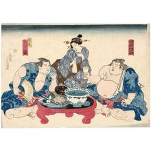 Utagawa Kunisada: Sumô Wrestlers Kuroiwa and Marukame Zôgabana at a Restaurant - Museum of Fine Arts
