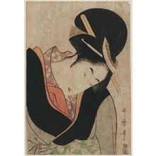 Kitagawa Utamaro: Woman Warming Her Hands inside Her Kimono, from the series Eight Views of Tea-stalls in Famous Places (Meisho koshikake hakkei), second edition - Museum of Fine Arts