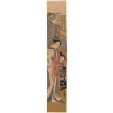 Isoda Koryusai: Courtesan Standing by Screen and Man Smoking in Bed - Museum of Fine Arts