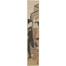 Isoda Koryusai: Woman Standing by a Screen Helps a Departing Lover Put on His Jacket - Museum of Fine Arts