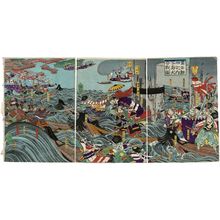 月岡芳年: The Great Battle at Miyajima (Miyajima ôgassen no zu), from the series The Toyotomi Chronicles (Toyotomi kunkôki no uchi) - ボストン美術館