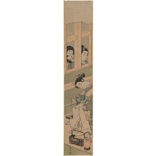 鈴木春信: Two Men Looking through Window Lattice at a Courtesan Writing a Letter - ボストン美術館