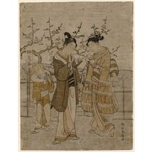 Suzuki Harunobu: Young Couple Lighting Pipes beside the Sleeping Dragon Plum Tree - Museum of Fine Arts