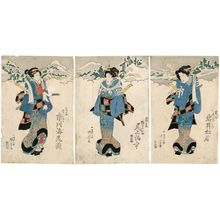 Utagawa Kuniyoshi: Actors in Imaginary Roles (Mitate): Iwai Tojaku as Hotei no Oichi (R), Onoe Baikô (C) and Ichikawa Ebizô as Kaminari no Onaka (L) - Museum of Fine Arts