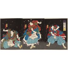 Utagawa Kunikazu: Actors Arashi Rikaku II as the Servant (Jichô) Sakuramaru (R), Arashi Rikan III as Ki no Haseo (C), and Onoe Tamizô II as Kujaku Saburô (R), in Act 3 of Natane no Goku - Museum of Fine Arts