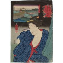 Utagawa Kuniyoshi: Wanting to Have a Good Dream (Yoi yume de mo mitai)/ Duck Caught in Nets in Kôzuke Province (Jôshû kasumiami kamo), from the series Auspicious Desires on Land and Sea (Sankai medetai zue) - Museum of Fine Arts