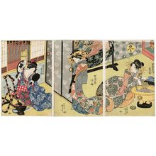 Utagawa Kunisada: Winter (Fuyu): Kamegiku of the Manjiya (R), Tagoto of the Manjiya (C), and Tsutanosuke of the Aka-Tsutaya (L), from the series The Four Seasons (Shiki no uchi) - Museum of Fine Arts
