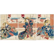 Utagawa Kunisada, 歌川国貞 (Utagawa Kunisada I (Toyokuni III))による浮世絵「Courtesans of the Kanayamaya: Hinaôgi (R), Yaezakura (C), and ...yama (L)」