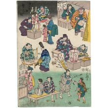 Utagawa Hiroshige: Characters from Plays as Merchants and Customers, from the series Flourishing Business in Balladtown (Jôruri-machi hanka no zu) - Museum of Fine Arts