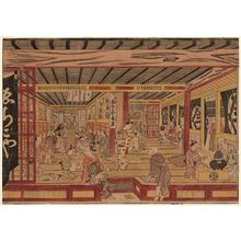 Okumura Masanobu: Large Perspective View of the Interior of Echigo-ya in Suruga-chô (Suruga-chô Echigoya gofukuten ô-ukie) - Museum of Fine Arts