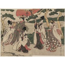 歌川豊国: Lady and Attendants under Pine Trees at the Seashore - ボストン美術館