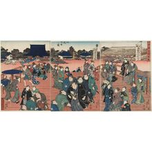 Utagawa Kunisada: Special Viewing of the Image of Shaka Buddha from the Saga District of Kyoto; Precincts of the Ekô-in (Saga no shakuson kaichô no zu, Ekô-in keidai no zu) - Museum of Fine Arts