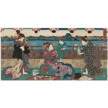 Japanischer Druck "Festivities on the Bank of the Miyato River (Miyatogawa kishi no nigiwai)" von Utagawa Kuniyoshi, 歌川国芳 (Utagawa Kuniyoshi)