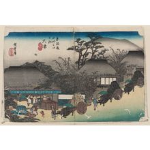 Utagawa Hiroshige: Ôtsu: Hashirii Teahouse (Ôtsu, Hashirii chaya), first state, from the series Fifty-three Stations of the Tôkaidô Road (Tôkaidô gojûsan tsugi no uchi), also known as the First Tôkaidô or Great Tôkaidô - Museum of Fine Arts