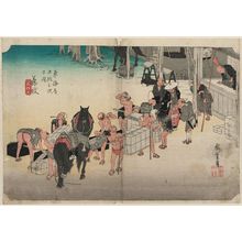 Utagawa Hiroshige: Fujieda: Changing Porters and Horses (Fujieda, jinba tsugitate), from the series Fifty-three Stations of the Tôkaidô (Tôkaidô gojûsan tsugi no uchi), also known as the First Tôkaidô or Great Tôkaidô - Museum of Fine Arts