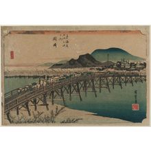 歌川広重: Okazaki: Yahagi Bridge (Okazaki, Yahagi no hashi), from the series Fifty-three Stations of the Tôkaidô Road (Tôkaidô gojûsan tsugi no uchi), also known as the First Tôkaidô or Great Tôkaidô - ボストン美術館