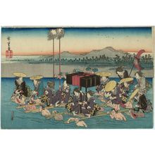 Utagawa Hiroshige, 歌川広重 (Utagawa Hiroshige I)创作的日本版画《A Female Daimyô Procession at the Ôi River (Onna gyôretsu Ôigawa no zu)》