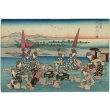 Estampe japonaise "A Female Daimyô Procession at the Ôi River (Onna gyôretsu Ôigawa no zu)" par Utagawa Hiroshige, 歌川広重 (Utagawa Hiroshige I)