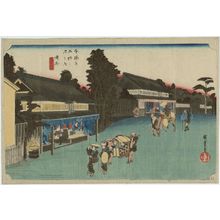 歌川広重: Narumi: Famous Arimatsu Tie-dyed Fabric (Narumi, meibutsu Arimatsu shibori), from the series Fifty-three Stations of the Tôkaidô Road (Tôkaidô gojûsan tsugi no uchi), also known as the First Tôkaidô or Great Tôkaidô - ボストン美術館