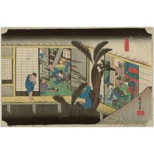 Utagawa Hiroshige: Akasaka: Inn with Serving Maids (Akasaka, ryosha shôfu no zu), from the series Fifty-three Stations of the Tôkaidô (Tôkaidô gojûsan tsugi no uchi), also known as the First Tôkaidô or Great Tôkaidô - Museum of Fine Arts