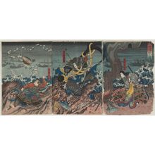 Japanese Print "The Battle of Dan-no-ura (Dan-no-ura tatakai no zu): Tenji no Tsubone, Shinchûnagon Taira Tomomori, and Sagami Gorô" by Utagawa Kuniyoshi, 歌川国芳 (Utagawa Kuniyoshi)