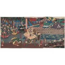 Japanischer Druck "At the Ataka Barrier in Kaga Province, Benkei Saves His Master (Kaga no kuni Ataka no seki ni Benkei shûjû no kinan o sukuu zu)" von Utagawa Kuniyoshi, 歌川国芳 (Utagawa Kuniyoshi)