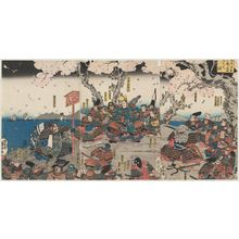 Utagawa Kuniyoshi: Yoshitsune Has a Signboard Put Up for the Cherry Tree at Suma-ga-mori in Harima Province (Banshû Suma-ga-mori no sakura ni Yoshitsune kôsatsu o tatsuru zu) - Museum of Fine Arts