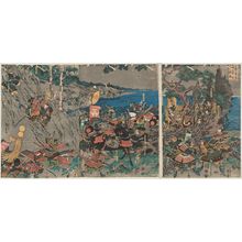 Japanischer Druck "(Zushû Ishibashiyama Tobi no take ni Minamoto no Yoritomo seijû shichiki gaboku ni naka ni kakure zu)" von Utagawa Kuniyoshi, 歌川国芳 (Utagawa Kuniyoshi)