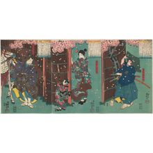 Japanischer Druck "Soga Gorô Tokimune (R), the Courtesan Shôshô (C), and Kajiwara Genda Kagesue (L)" von Utagawa Kuniyoshi, 歌川国芳 (Utagawa Kuniyoshi)