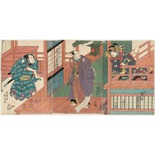 Utagawa Kunisada: Actors Iwai Kumesaburô as Okaru (R), Onoe Kikugorô as Ôboshi Yuranosuke (C), and Mimasu Gennosuke (L) - Museum of Fine Arts
