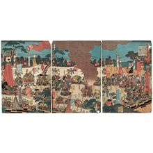 Utagawa Kunisada: Opposing Camps at the Battle of the Uji River in Yamashiro Province (Jôshû Ujigawa kassen taijin no zu) - Museum of Fine Arts