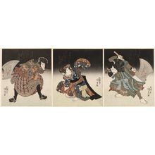 Japanese Print "Actors Ichikawa Danjûrô VII as Yamagatsu Buô, actually Unno Kotarô Yukiuji (R); Iwai Kumesaburô II as the Lady-uin-waiting Kinugasa (C); and Bandô Mitsugorô III as Yamagatu kumaô, actually Washi no Osaburô (L)" by Utagawa Kunisada, 歌川国貞 (Utagawa Kunisada I (Toyokuni III))